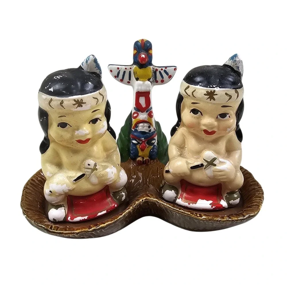 Vintage Japan Ceramic Salt and Pepper Shakers Set with Totem Pole Base Multi